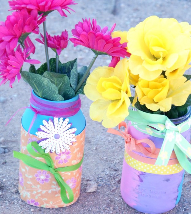 Spring Mason Jars embellished with paint and paper!