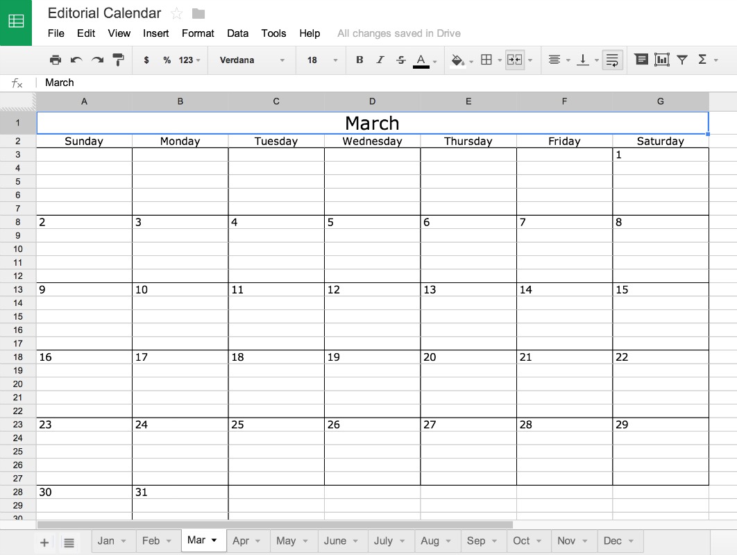 Google Doc Editorial Calendar for the blog