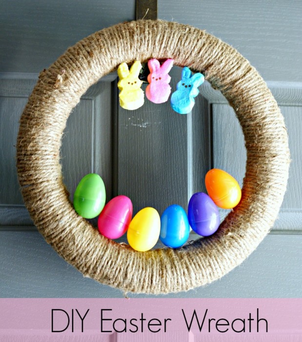 DIY Easter Wreath covered in jute twine, Easter eggs and Peeps.